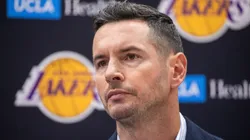 JJ Redick, Los Angeles Lakers’ new coach seen during a news conference.