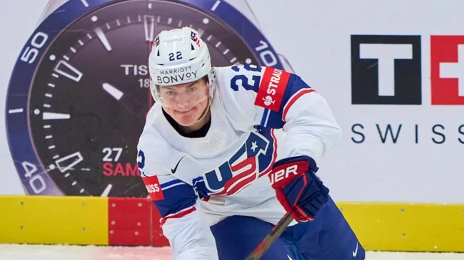 Cole Caufield USA Nr. 22 in the preliminary round match USA – SLOVAKIA 4-5 of the IIHF Ice hockey World Championship.