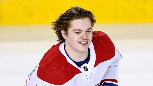 Montreal Canadiens Right Wing Cole Caufield (22) warms up before his first NHL game where the Calgary Flames hosted the Montreal Canadiens on April 26, 2021, at the Scotiabank Saddledome in Calgary, AB.