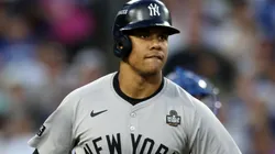 Juan Soto #22 of the New York Yankees flips his bat as he runs the bases after hitting a solo home run against the Los Angeles Dodgers in the third inning during Game Two of the 2024 World Series at Dodger Stadium on October 26, 2024 in Los Angeles, California.