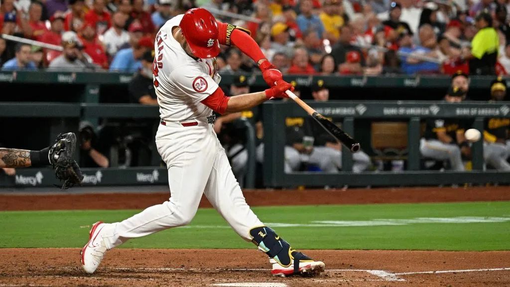 Nolan Arenado of the St. Louis Cardinals hits an RBI single