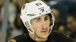 Boston Bruins left wing Brad Marchand (63) looks on during the game between The New York Rangers and The Boston Bruins at Madison Square Garden in Manhattan, New York.