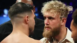 Jake Paul faces off with Tommy Fury, ahead of their upcoming fight on the 26th of February in Diriyah in Saudi Arabia, in the ring prior to the IBF, WBC, WBO World Light Heavyweight Title fight between Artur Beterbiev and Anthony Yarde at OVO Arena Wembley.