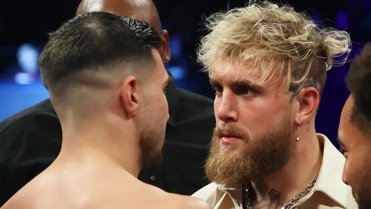 Jake Paul faces off with Tommy Fury, ahead of their upcoming fight on the 26th of February in Diriyah in Saudi Arabia, in the ring prior to the IBF, WBC, WBO World Light Heavyweight Title fight between Artur Beterbiev and Anthony Yarde at OVO Arena Wembley.