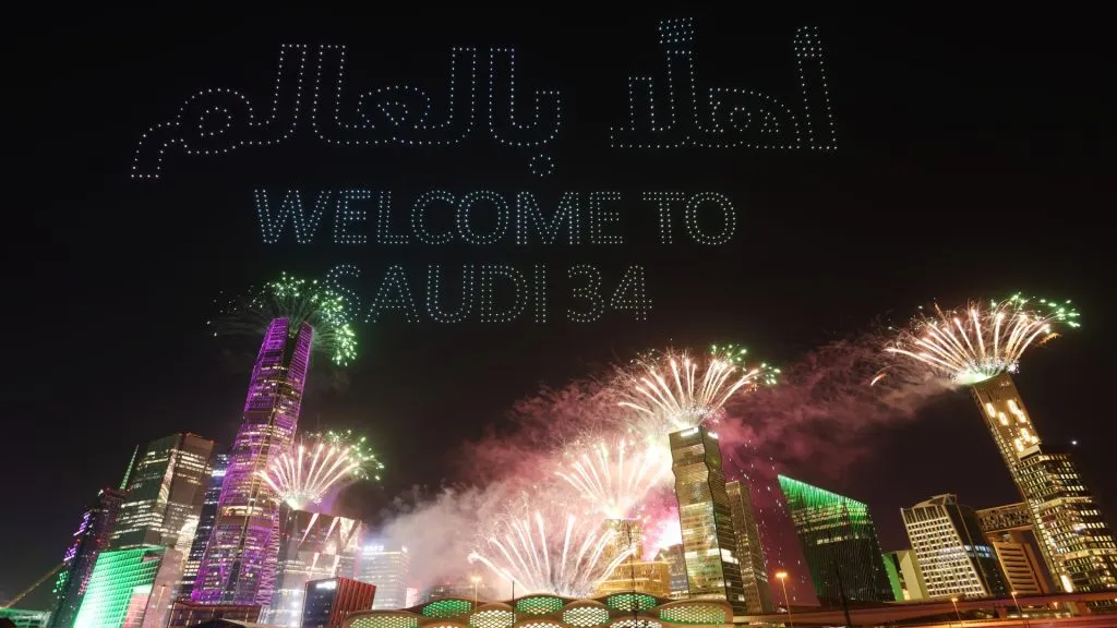 A drone show is seen displaying the words 