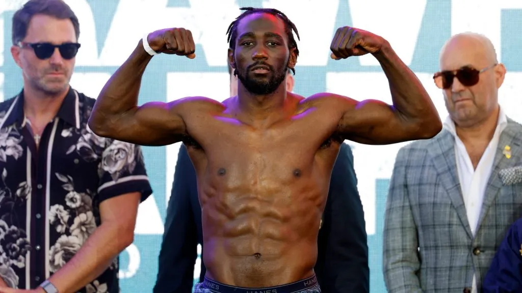 erence Crawford (L), a welterweight undisputed champion, poses on the scale after his official weigh-in at LA Live on August 2, 2024 in Los Angeles, California. Crawford and Madrimov will fight for the super-welterweight title on Saturday August 3, 2024 at BMO Stadium in Los Angeles, California. (Photo by Kevork Djansezian/Getty Images)