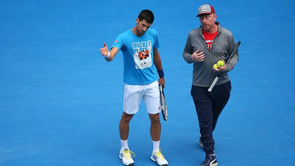 Novak Djokovic of Serbia and coach Boris Becker during day 13 of the 2016 Australian Open at Melbourne Park. (Cameron Spencer/Getty Images)