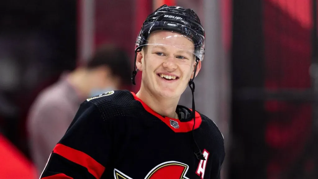 Ottawa Senators Left Wing Brady Tkachuk (7) during warm-up before National Hockey League action between the Edmonton Oilers and Ottawa Senators on February 9, 2021, at Canadian Tire Centre in Ottawa, ON, Canada.