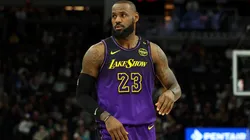 LeBron James #23 of the Los Angeles Lakers looks on against the Minnesota Timberwolves in the first quarter at Target Center