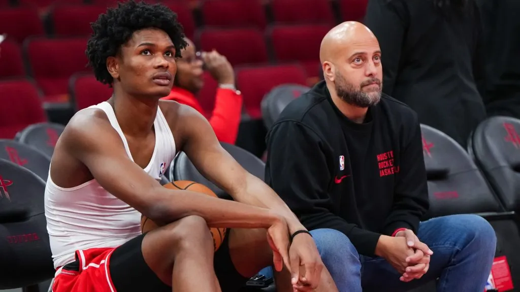 Amen Thompson #1 of the Houston Rockets and Houston Rockets General Manager Rafael Stone look on prior to an NBA In-Season Tournament game against the Denver Nuggets at Toyota Center on November 24, 2023 in Houston, Texas.