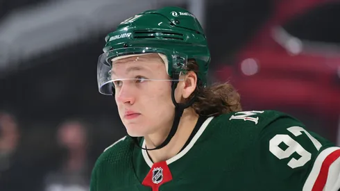 Minnesota Wild left wing Kirill Kaprizov (97) during a break in play of the NHL game between the Colorado Avalanche and the Minnesota Wild held at the Xcel Energy Center, St. Paul, MN.