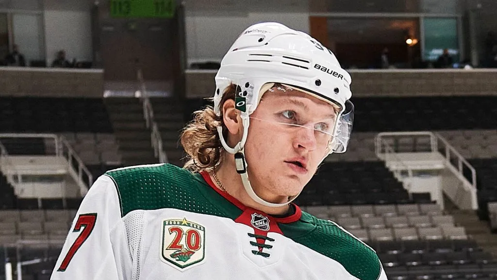 Minnesota Wild left wing Kirill Kaprizov (97) skates during a time out during the San Jose Sharks game versus the Minnesota Wild on March 31, 2021, at SAP Center at San Jose in San Jose, CA.