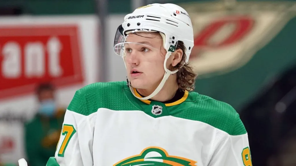 Minnesota Wild Right Wing Kirill Kaprizov (97) skates to the face-off circle during an NHL game between the Minnesota Wild and the Colorado Avalanche on January 31, 2021, at Xcel Energy Center, St. Paul, MN.