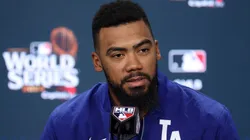 Teoscar Hernández #37 of the Los Angeles Dodgers speaks to the media during a press conference prior to playing the New York Yankees during Game Five of the 2024 World Series at Yankee Stadium on October 30, 2024 in New York City.