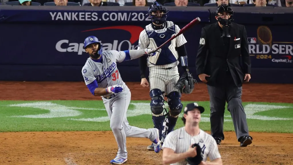 Teoscar Hernández #37 of the Los Angeles Dodgers hits a two-RBI double to tie the game during the fifth inning of Game Five of the 2024 World Series against the New York Yankees at Yankee Stadium on October 30, 2024 in the Bronx borough of New York City. (Photo by Alex Slitz/Getty Images)