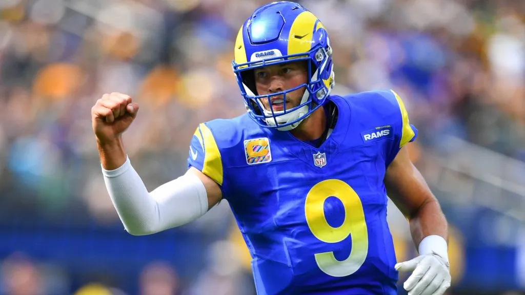 Los Angeles Rams quarterback Matthew Stafford celebrates a touchdown during the NFL, USA game between the Green Bay Packers and the Los Angeles Rams on October 6, 2024. (Source: IMAGO / Icon Sportswire)