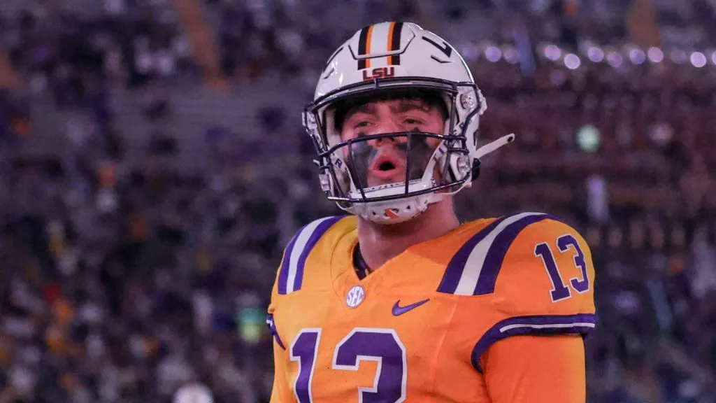 LSU quarterback Garrett Nussmeier (13) celebrates after throwing a touchdown pass during NCAA football game action between the Vanderbilt Commodores and the LSU Tigers at Tiger Stadium in Baton Rouge, LA.