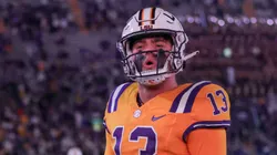 LSU quarterback Garrett Nussmeier (13) celebrates after throwing a touchdown pass during NCAA football game action between the Vanderbilt Commodores and the LSU Tigers at Tiger Stadium in Baton Rouge, LA.