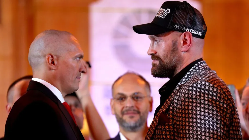 Oleksandr Usyk and Tyson Fury face off during the Usyk v Fury 2 Press Conference ahead of their IBO, WBC and WBO World Heavyweight titles’ fight at Guildhall on October 23, 2024 in London, England. (Photo by Andrew Redington/Getty Images)