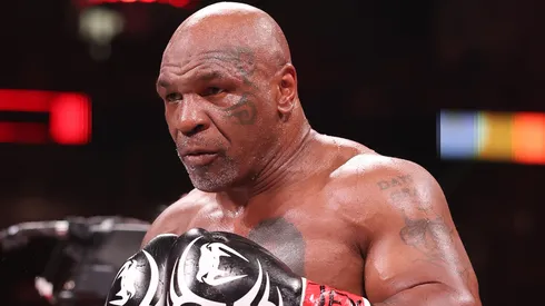 Mike Tyson in action against Jake Paul during LIVE On Netflix: Jake Paul vs. Mike Tyson at AT&T Stadium on November 15, 2024 in Arlington, Texas.
