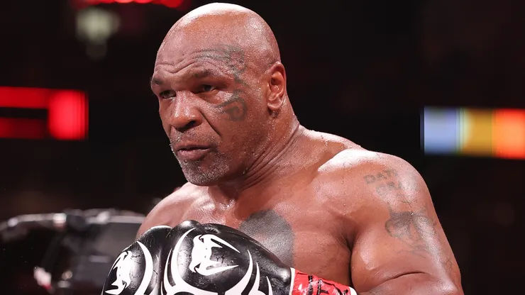 Mike Tyson in action against Jake Paul during LIVE On Netflix: Jake Paul vs. Mike Tyson at AT&T Stadium on November 15, 2024 in Arlington, Texas.