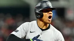 Juan Soto #22 of the New York Yankees rounds the bases after hitting a home run in the 10th inning against the Cleveland Guardians during Game Five of the American League Championship Series at Progressive Field on October 19, 2024 in Cleveland, Ohio.