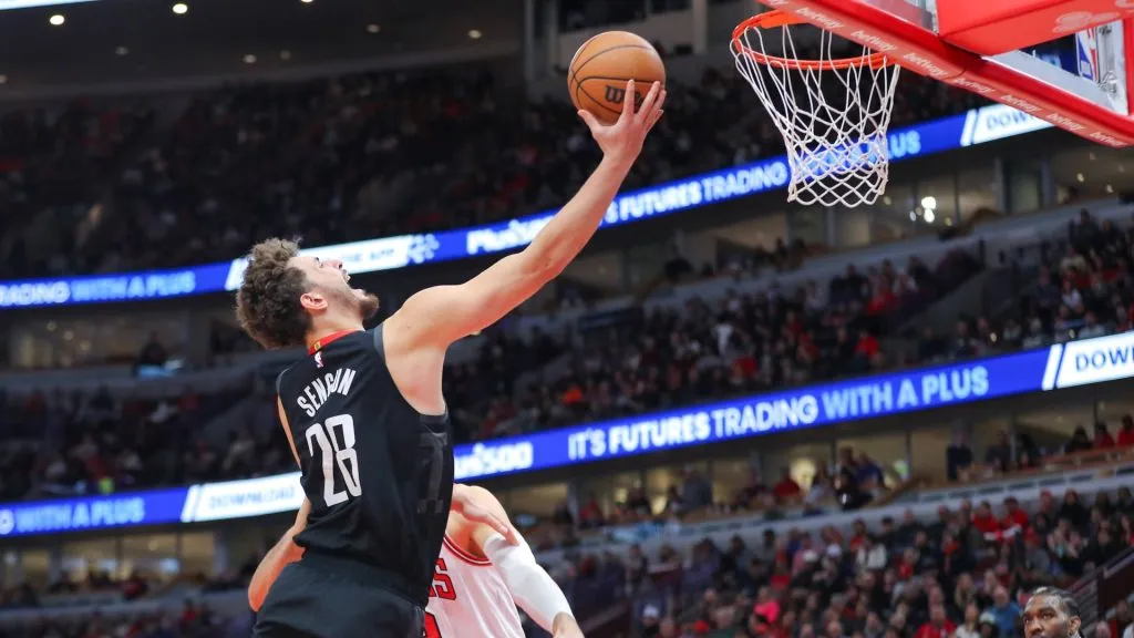 Alperen Sengun 28 of the Houston Rockets drives to the basket for a layup during the second half against the Chicago Bulls at the United Center on January 10, 2024 in Chicago, Illinois.