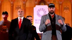 Oleksandr Usyk and Tyson Fury pose for a photo during the Usyk v Fury 2 Press Conference ahead of their IBO, WBC and WBO World Heavyweight titles' fight
