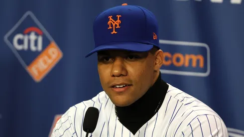 Juan Soto of the New York Mets looks on during his introductory press conference at Citi Field on December 12, 2024 in New York City.