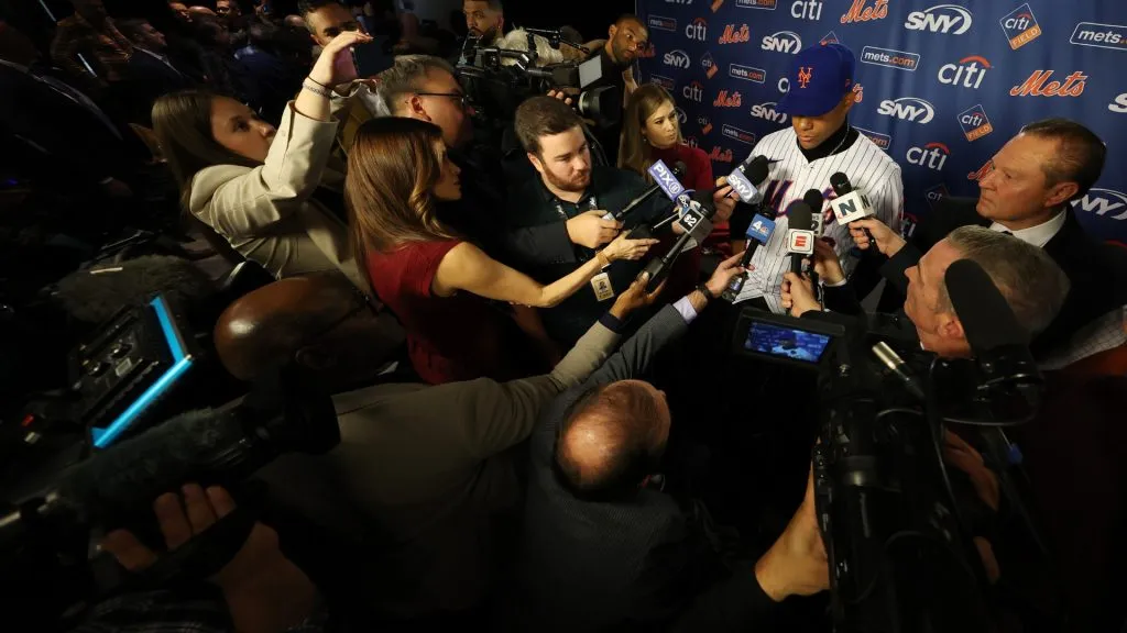 Juan Soto of the New York Mets speaks to the media after his introductory press conference at Citi Field on December 12, 2024 in New York City. (Photo by Al Bello/Getty Images)