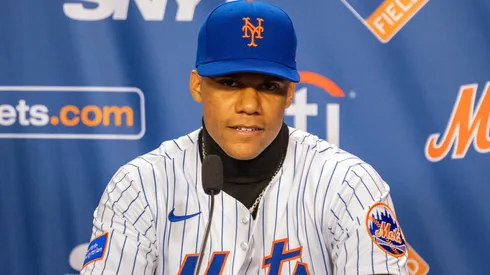 New York Mets Introduce Juan Soto New York Mets outfielder Juan Soto 22 speaks to the media during a press conference.
