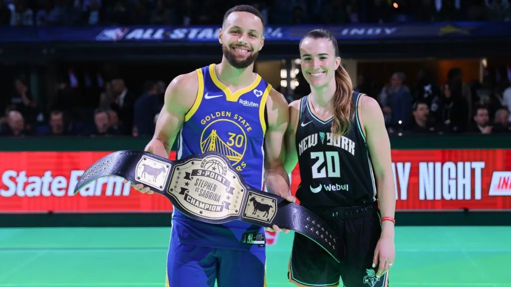 Stephen Curry #30 of the Golden State Warriors and Sabrina Ionescu #20 of the New York Liberty pose for a photo after their 3-point challenge during the State Farm All-Star Saturday Night on February 17, 2024. (Source: Stacy Revere/Getty Images)