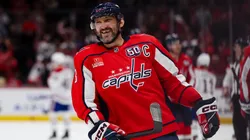 Alex Ovechkin #8 of the Washington Capitals reacts after scoring a goal against the Montreal Canadiens during the third period of the game at Capital One Arena on October 31, 2024.