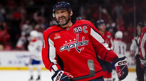 Alex Ovechkin #8 of the Washington Capitals reacts after scoring a goal against the Montreal Canadiens during the third period of the game at Capital One Arena on October 31, 2024.