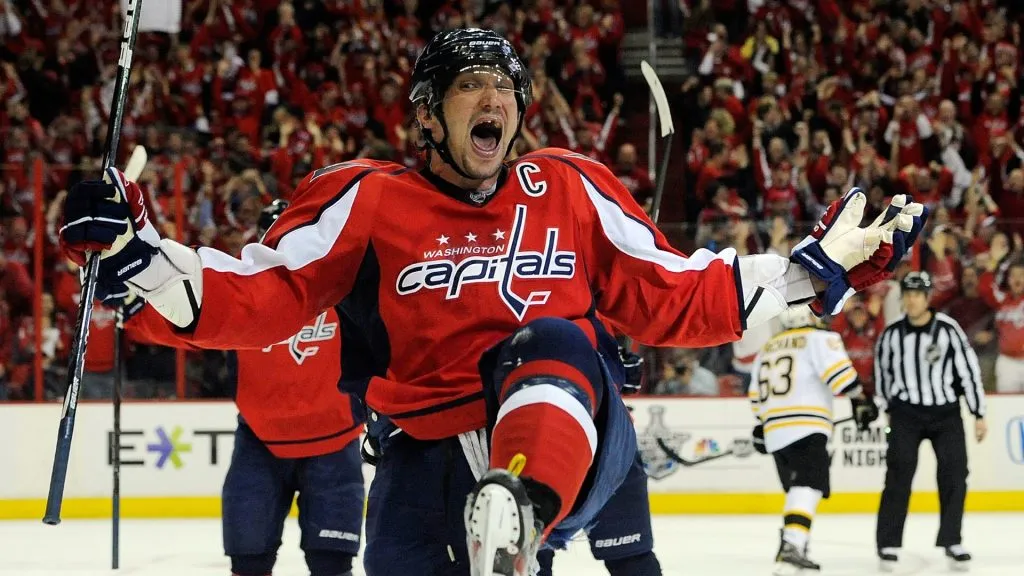 Alex Ovechkin #8 of the Washington Capitals celebrates after scoring a goal in the third period against the Boston Bruins in Game Six of the Eastern Conference Quarterfinals during the 2012 NHL Stanley Cup Playoffs. (Source: Patrick McDermott/Getty Images)