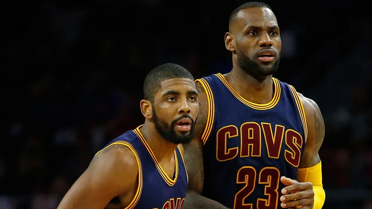Kyrie Irving #2 and LeBron James #23 of the Cleveland Cavaliers look on while playing the Detroit Pistons during the second quarter of game three of the NBA Eastern Conference quarterfinals.