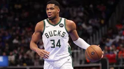 Giannis Antetokounmpo #34 of the Milwaukee Bucks plays against the Detroit Pistons in a NBA Cup game at Little Caesars Arena.