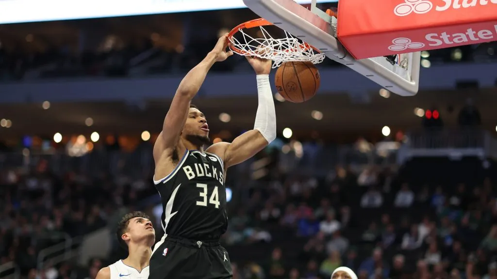 Giannis Antetokounmpo #34 of the Milwaukee Bucks dunks against the Orlando Magic during a game in the NBA Emirates Cup Quarterfinal at Fiserv Forum. (Stacy Revere/Getty Images)