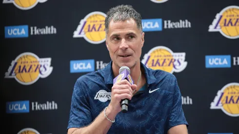 Los Angeles Lakers general manager Rob Pelinka answers a question during the Los Angeles Lakers welcome press conference.