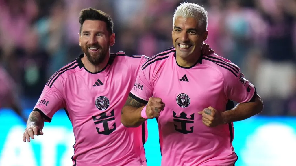 Luis Suárez #9 of Inter Miami celebrates a goal with Lionel Messi #10 during the first half against the Atlanta United. (Rich Storry/Getty Images)