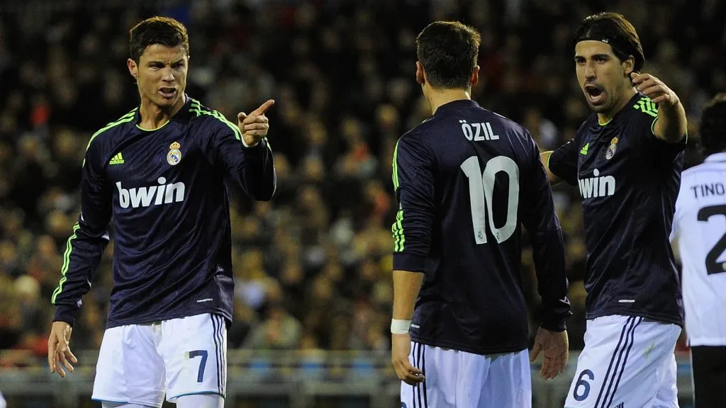 Cristiano Ronaldo of Real Madrid CF celebrates scoring his second goal with team-mates Sami Khedira and Mezut Ozil during the La Liga match between Valencia CF and Real Madrid CF. (Gonzalo Arroyo Moreno/Getty Images)