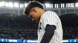 Juan Soto #22 of the New York Yankees walks to the dugout prior to playing the Los Angeles Dodgers during Game Three of the 2024 World Series at Yankee Stadium on October 28, 2024 in the Bronx borough of New York City.