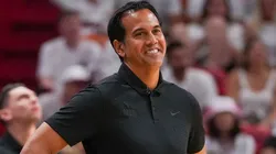 Head Coach Erik Spoelstra of the Miami Heat reacts to a foul call during game three of the Eastern Conference Semifinals against the New York Knicks at Kaseya Center on May 06, 2023.
