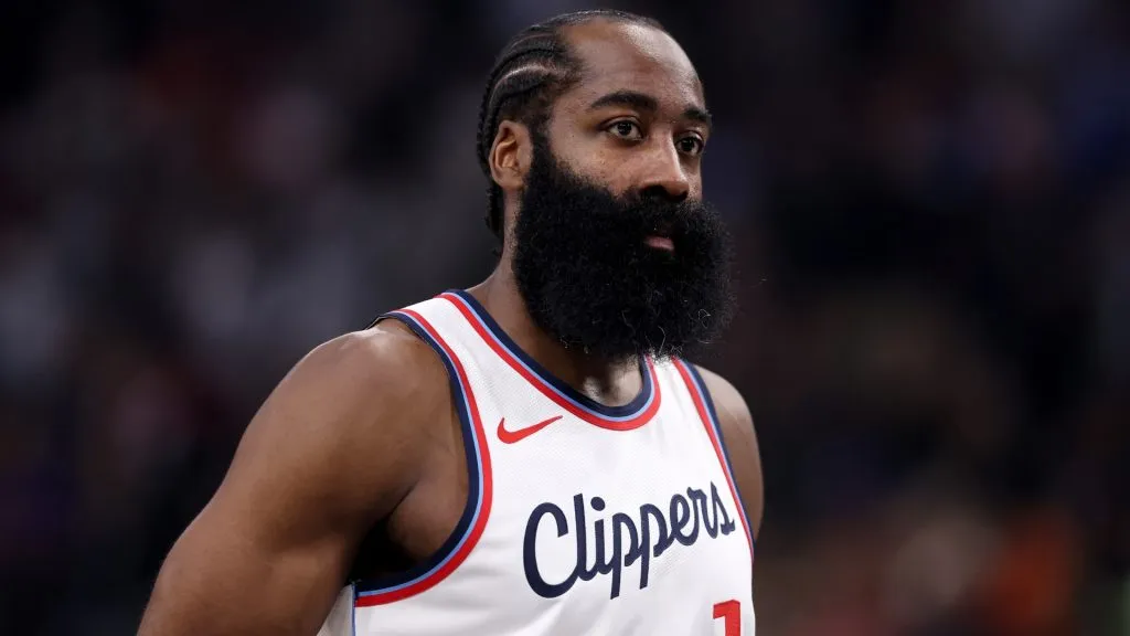 James Harden #1 of the LA Clippers looks on during the first half of a game against the Toronto Raptors at Intuit Dome on November 09, 2024. (Source: Sean M. Haffey/Getty Images)