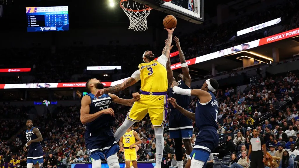 Anthony Davis #3 of the Los Angeles Lakers competes for a rebound against the Minnesota Timberwolves in the third quarter at Target Center. (David Berding/Getty Images)