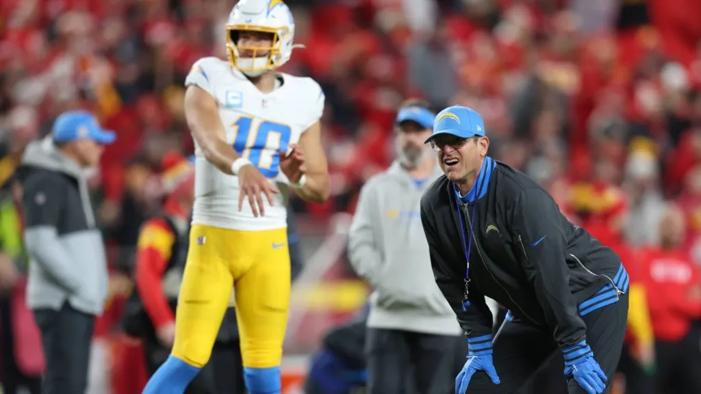  Los Angeles Chargers head coach Jim Harbaugh watches on as quarterback Justin Herbert