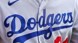 A detail of a Los Angeles Dodgers logo against the Chicago Cubs at Wrigley Field on April 21, 2023 in Chicago, Illinois.
