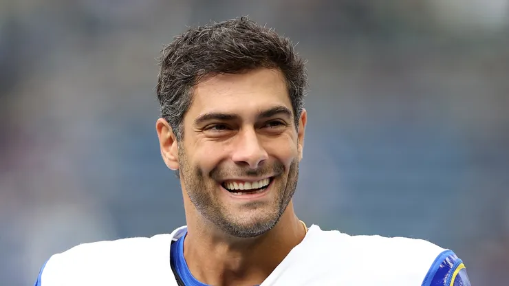 Jimmy Garoppolo #11 of the Los Angeles Rams looks on before the game against the Seattle Seahawks at Lumen Field on November 03, 2024 in Seattle, Washington.