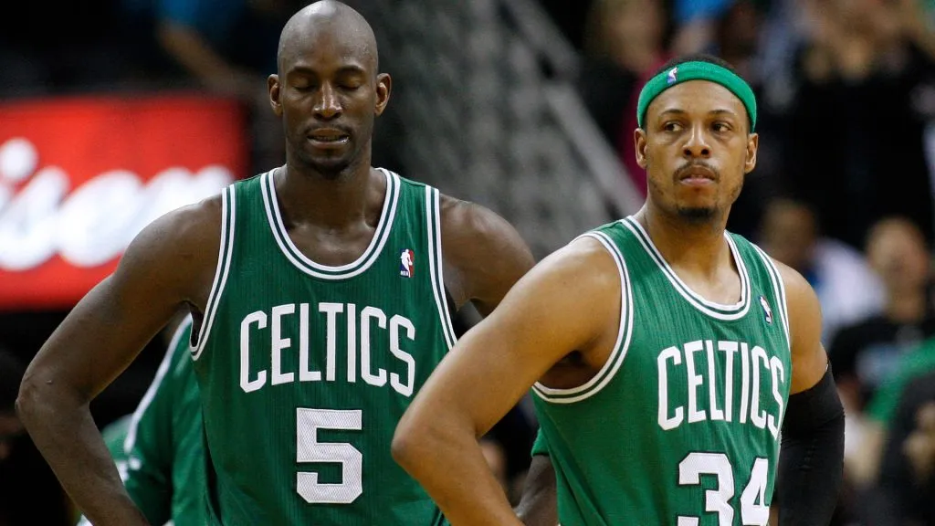 Boston Celtics center Kevin Garnett (5) and small forward Paul Pierce (34) react during the NBA basketball game between the New Orleans Hornets and the Boston Celtics at the New Orleans Arena