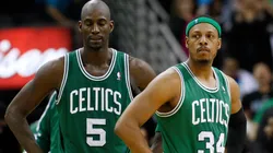 Boston Celtics center Kevin Garnett (5) and small forward Paul Pierce (34) react during the NBA basketball game between the New Orleans Hornets and the Boston Celtics at the New Orleans Arena.